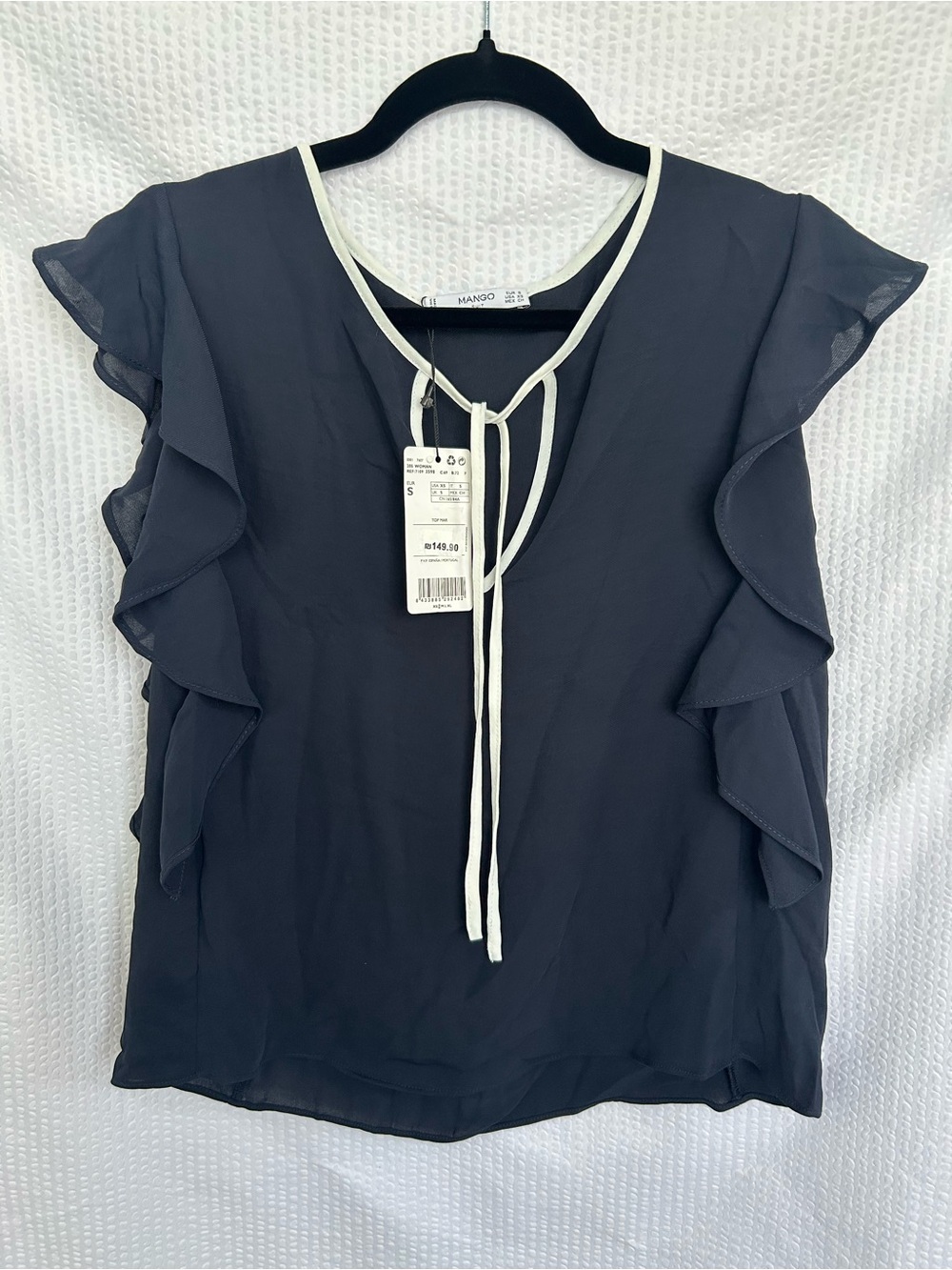 NWT Mango Navy Blue White Trim Ruffle Short Sleeve Blouse Size US XS